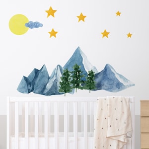 Watercolor Mountain Wall Decal, Remobavable Landscape Sticker, For Kids Room Decals, Painted Nursery Decor, Sun Wall Decal, Trees Wall Decal