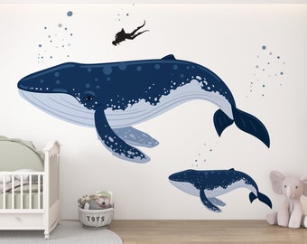 Décalcomanie murale baleines, décalcomanies murales amovibles pour bébé, pépinière Peel and Stick, décalcomanie murale baleine bleue aquarelle, décalcomanie murale dessin animé, décor de chambre d'enfant