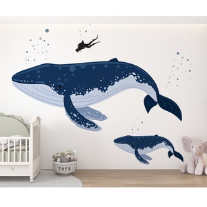 Walvissen muur sticker, verwisselbare baby muur stickers, kwekerij Peel en stick, aquarel blauwe vinvis muur sticker, cartoon muur sticker, kinderkamer decor