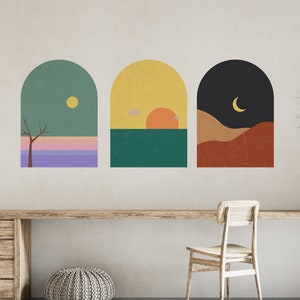 Modern Landscape Wall Decal, Removable Wall Decal, 3 Of Set Mid Century Decal, Contemporary Sticker, Terracotta Wall Sticker, Sun Set Decor