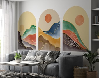 Abstract Landscape Wall Decal, Mid Century Wall Decal, Abstract Landscape Contemporary Backgrounds Wall Decal, Bohemian Peel And Stick Decal