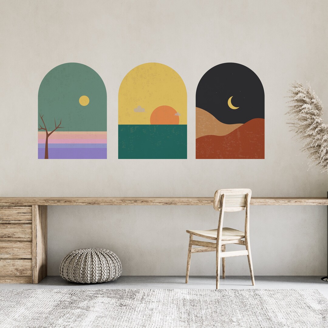 Modern Landscape Wall Decal, Removable Wall Decal, 3 of Set Mid Century