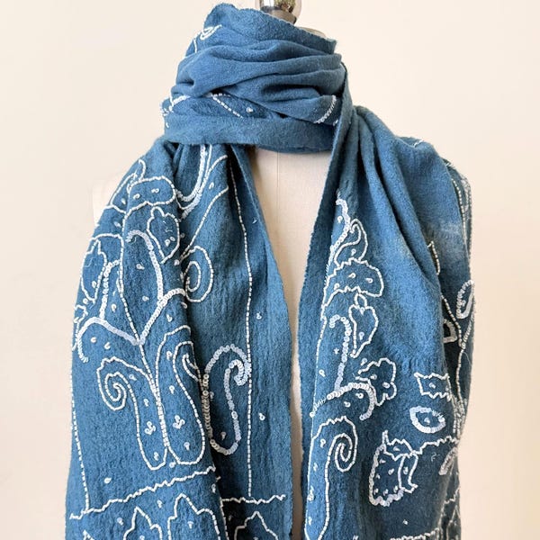 Indigo Over-dye Repurposed Wool Beaded Shawl
