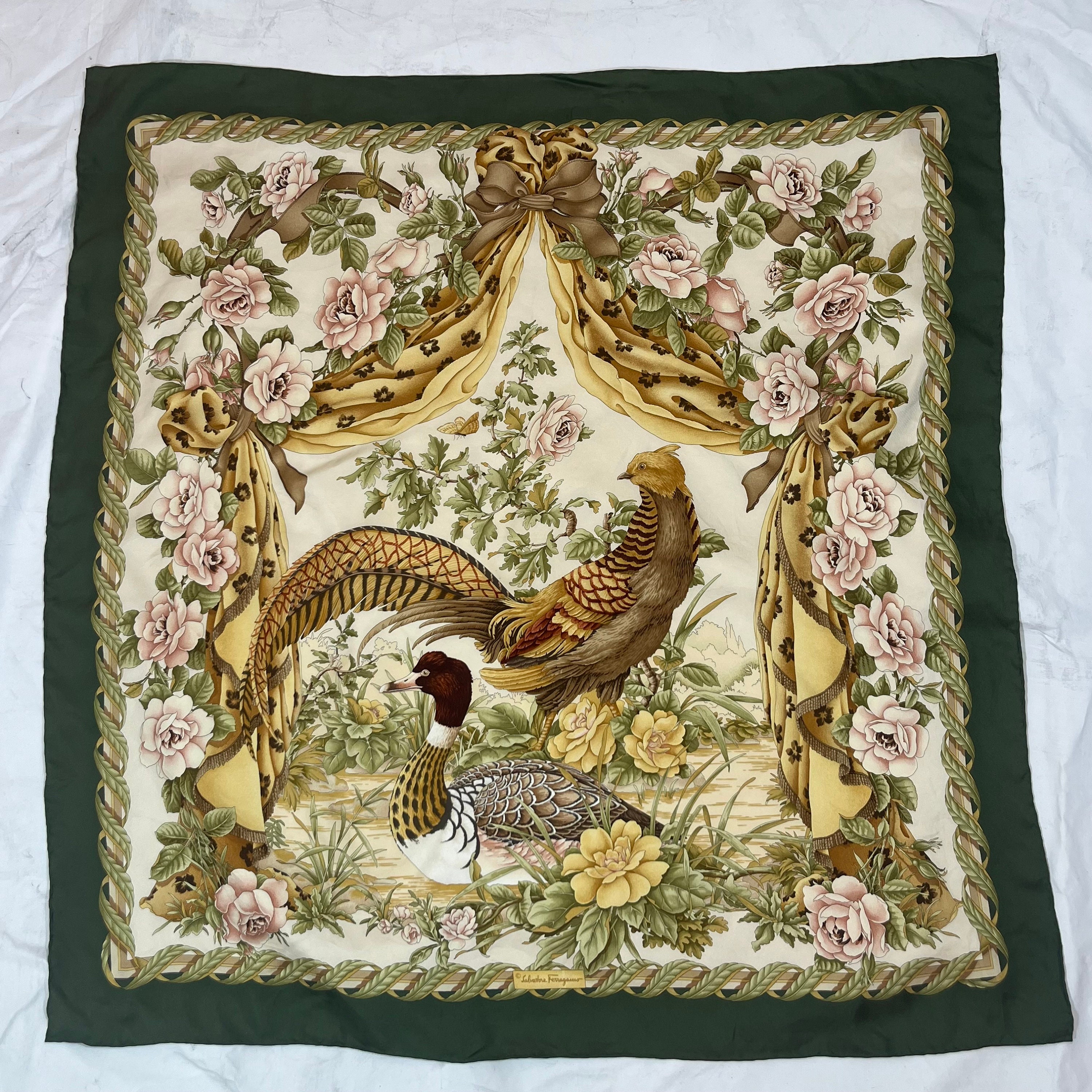 Salvatore Ferragamo Silk Scarf (pheasant, duck) 2000s