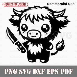 ナイフを持ったハイランド牛の赤ちゃん svg png dxf eps pdf | 透明なベクターグラフィックデザインカットプリントダイサブレーザー彫刻ファイル商用利用