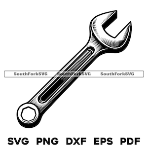 May include: A black and white illustration of a wrench. The wrench has a hexagonal head and a long handle.