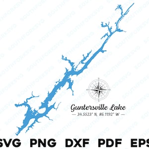 Guntersville Lake Alabama Map Form Silhouette svg png dxf pdf eps Vektorgrafik Schnitt Gravur Laser-Datei Bild Boot See Haus