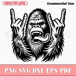 Puede incluir: Ilustración en blanco y negro de un gorila haciendo el gesto de rock and roll. El gorila ruge con la lengua fuera. La imagen incluye el texto "Commercial Use" y "PNG SVG DXF EPS PDF".
