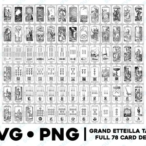 Conjunto completo de 78 Grand Etteilla Tarot Baraja de cartas SVG PNG Bundle Fondos transparentes Astrología del zodiaco Adivinatoria Vector Imagen gráfica Clip Art