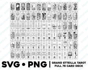 Może przedstawiać: Pełny zestaw 78 kart tarota z czarno-białymi ilustracjami. Karty są ułożone w rzędach i kolumnach, każda karta przedstawia inny obraz. Karty są oznaczone odpowiadającym im numerem i kolorem. Tekst "Grand Etteilla Tarot Full 78 Card Deck" znajduje się na dole obrazu.