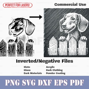 May include: Black and white illustration of a dachshund dog peeking over a wooden fence. The image is perfect for creating crafts, decals, and other projects.