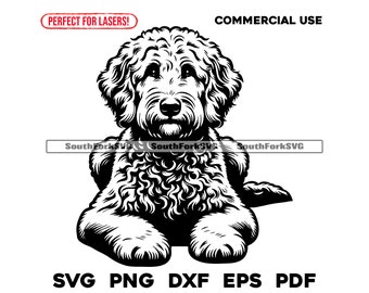 May include: Black and white illustration of a doodle dog sitting with its paws in front of it. The dog has curly fur and a friendly expression.