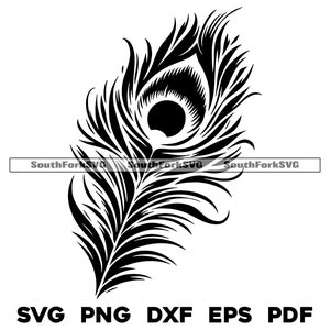 May include: A black and white silhouette of a peacock feather with a detailed eye pattern.