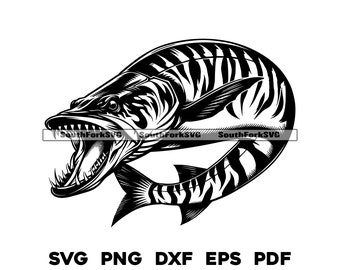 May include: A black and white illustration of a fish with an open mouth, revealing sharp teeth. The fish has a striped pattern and is angled to the left. The image includes the text "SVG PNG DXF EPS PDF" at the bottom.