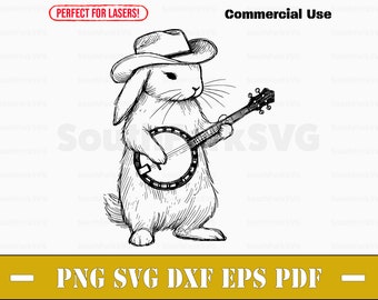 May include: A black and white line drawing of a rabbit wearing a cowboy hat and playing a banjo. The rabbit is standing on all fours and has a long tail.