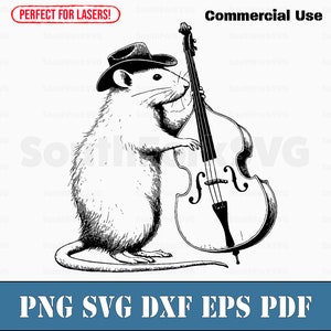 Rat Playing Stand Up Bass svg png dxf eps pdf / grabado láser cortado archivos de impresión vector gráfico clip art / descarga instantánea uso comercial