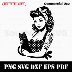 Könnte beinhalten: Schwarz-weiße Grafik einer Frau in einem Oberteil mit Punkten und einer Schleife, die eine schwarze Katze hält. Die Frau hat ein Tattoo von Blumen auf dem Arm. Text: "Commercial Use" und "Perfect for Lasers!" mit Dateitypoptionen unten.