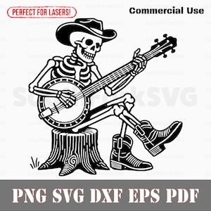 Cowboy skelet spelen banjo svg png dxf eps pdf | lasergraveren gesneden afdrukbestanden vector grafische illustraties | commercieel gebruik direct downloaden