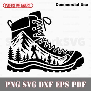 May include: Black and white silhouette of a hiking boot with a mountain scene inside. The boot has laces and a thick sole. A hiker is walking on a path in the mountains.