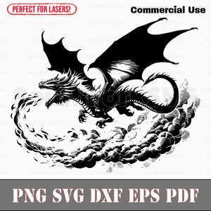 File di incisione laser Drago che respira fuoco svg png dxf eps pdf / grafica vettoriale taglio stampa dye sub laser cnc file uso commerciale