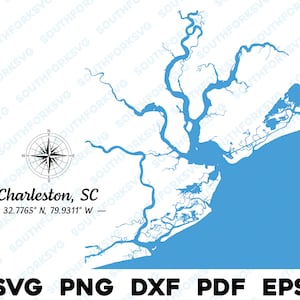 Charleston, SC, Caroline du Sud, océan, voies navigables, carte, forme, silhouette, contour, svg, png dxf, pdf, eps, vecteur, graphique, couper, graver, fichier laser