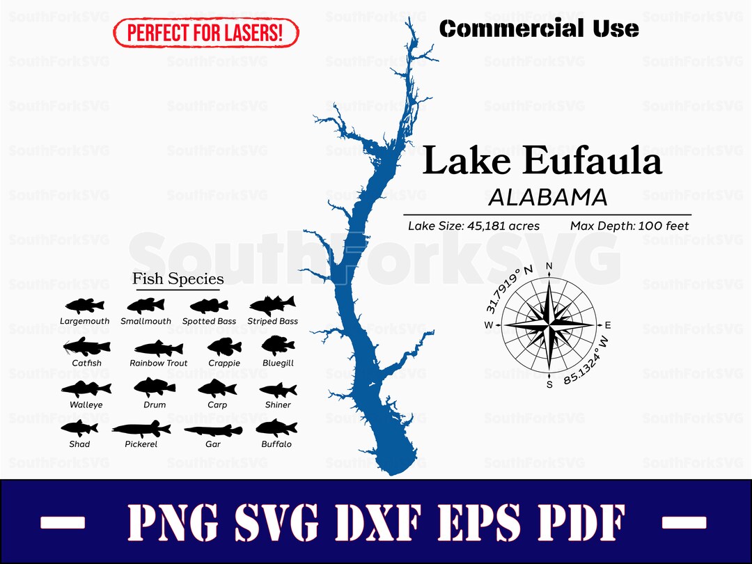 Lake Eufaula Alabama Map Data, Fish Species | Laser Ready CNC Print Dye ...