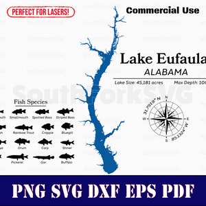 Lake Eufaula Alabama Kartendaten, Fischarten | Laserfertiger CNC-Druck Dye Sub | svg png dxf eps pdf | Sofort Download Kommerzielle Nutzung