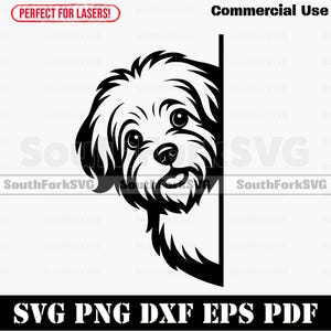 Puede incluir: Diseño SVG en blanco y negro de un perro asomándose por una esquina. La imagen incluye el texto "Commercial Use" y "SVG PNG DXF EPS PDF". El diseño está etiquetado como "Perfect for Lasers!" e incluye el logotipo de SouthForkSVG.