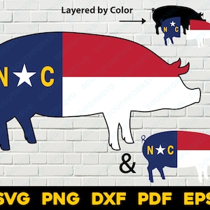 May include: A layered design of a pig with the North Carolina state flag colors and a star in the center. The text "NC" is on the pig's side. The design is layered by color, with the pig's outline in black, the blue and red flag colors in separate layers, and the star and text in yellow.