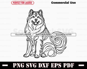 May include: Line art illustration of a dog sitting with its tail curled around its body. The dog is drawn in a stylized, abstract style.