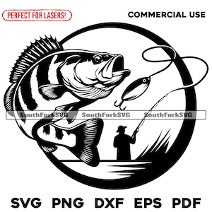 以下が含まれることがあります： 口に釣り餌をくわえたバスの魚が水から飛び出している白黒のシルエット。釣り人が水の中に立って釣り竿を手に持っている。画像は「PERFECT FOR LASERS!」と「COMMERCIAL USE」というテキストが上部に書かれた円の中に配置されている。