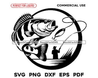 May include: Black and white silhouette of a bass fish jumping out of the water with a fishing lure in its mouth. A fisherman is standing in the water with a fishing rod in his hand. The image is set in a circle with the text "PERFECT FOR LASERS!" and "COMMERCIAL USE" at the top.