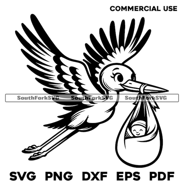 Dessin animé cigogne donnant naissance à un bébé svg png dxf eps pdf | graphique vectoriel découpé fichier laser clip art | Téléchargement numérique instantané, utilisation commerciale