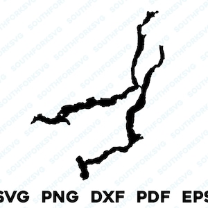 Puede incluir: Silueta en blanco y negro de un lago con una costa irregular y dentada. El lago tiene la forma de un río largo, estrecho y sinuoso.