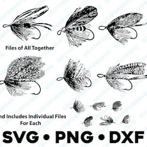 Pacote de pesca com mosca seca vintage SVG PNG DXF arquivo de silhueta de design gráfico transparente pesca com mosca moscas secas clip art uso comercial