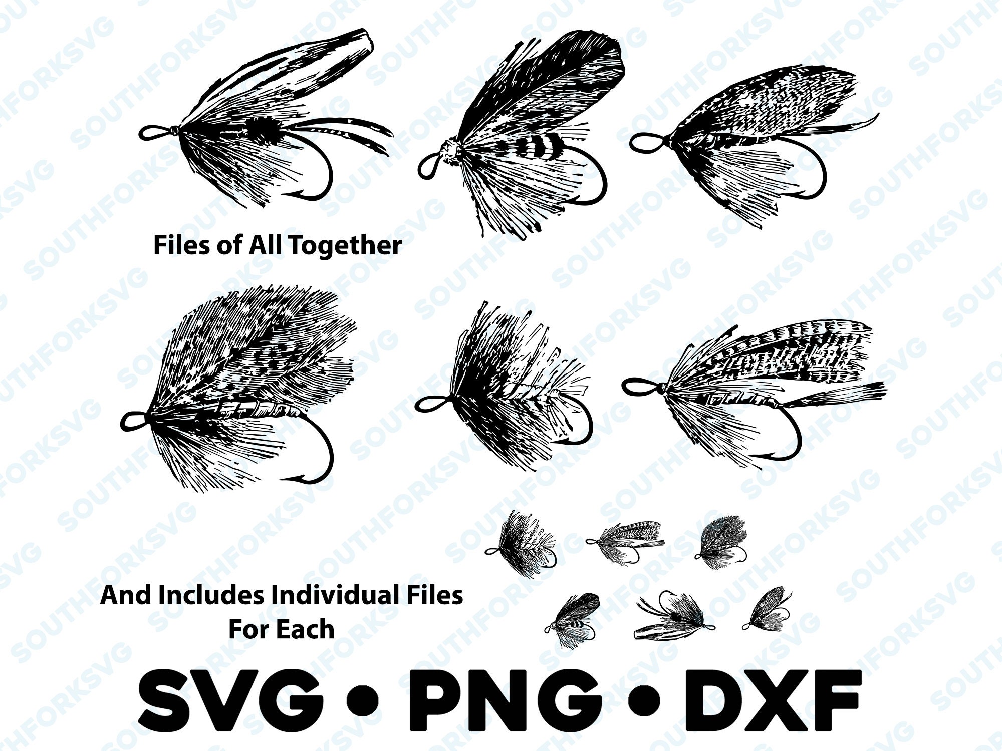 Vintage Dry Fly Fishing Bundle SVG PNG DXF transparent graphic design  silhouette file fly fishing dry flies clip art commercial use