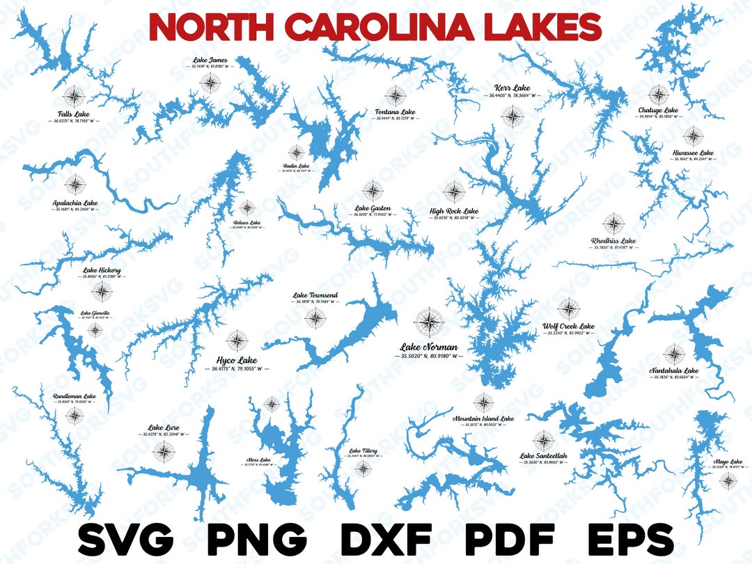 26 North Carolina NC Lakes Mega Bundle With Compass & GPS Coordinates ...