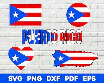 May include: A digital design file set featuring the Puerto Rican flag in various shapes, including a rectangle, circle, heart, and the outline of the island. The text "PUERTO RICO" is also included in the design set.