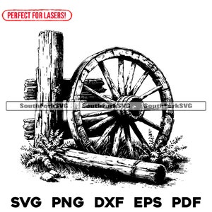 Roue rustique et clôture en bois fichiers laser svg png dxf eps pdf conception graphique vectorielle coupe impression fichiers numériques sub cnc utilisation commerciale