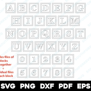 Blocos de alfabeto preto contorno svg png dxf eps pdf pacote | Blocos de letras de bebê A-Z 0-9 gráfico vetorial corte impressão sublimação cnc gravação a laser
