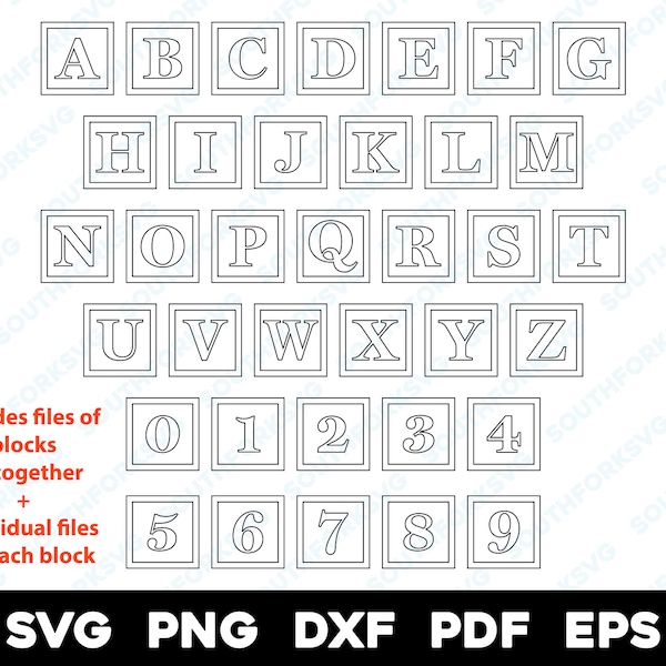 Alphabet Blocks Black Outline svg png dxf eps pdf Bundle | Baby Letter Blocks A-Z 0-9 vector graphic cut print dye sub cnc laser engrave