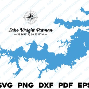 Wright Patman Lake Texas Mapa Forma Silueta svg png dxf pdf eps vector diseño gráfico corte grabado archivo láser imagen barco lago casa