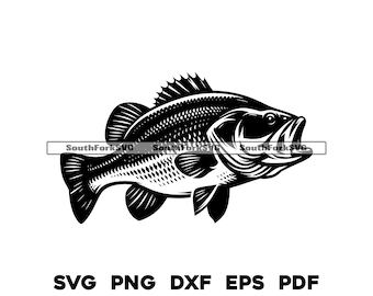 May include: Black and white silhouette of a largemouth bass with its mouth open. The fish is facing to the right. The image is suitable for use as a logo, sticker, or design element.