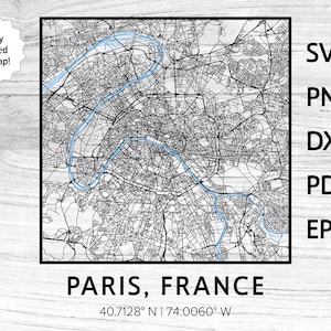 Mapa de ruas da cidade de Paris França | svg png dxf pdf eps | design gráfico vetorial corte gravura a laser arquivo cnc Download digital instantâneo