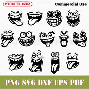 Paquete de caras divertidas svg png dxf eps pdf / gráfico vectorial corte impresión sublimación láser grabado clip art uso comercial