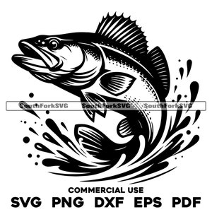 Op de afbeelding: Zwart-wit illustratie van een vis die uit het water springt, omringd door spetters. De afbeelding bevat de tekst "SouthForkSVG" en "COMMERCIAL USE" met bestandsformaat afkortingen: SVG, PNG, DXF, EPS, PDF.