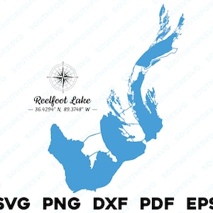 Reelfoot Lake Tennessee Mapa Forma Silueta svg png dxf pdf eps vector diseño gráfico corte grabado archivo láser imagen barco lago casa