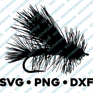 May include: Black and white silhouette of a fly fishing lure with the text "SVG • PNG • DXF" below.