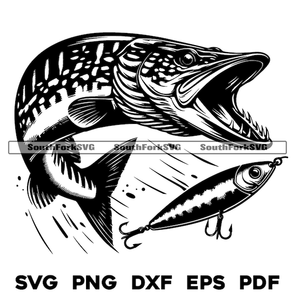 Northern Pike Chasing Lure svg png dxf eps pdf | transparent vector graphic design cut print dye sub laser engrave files commercial use