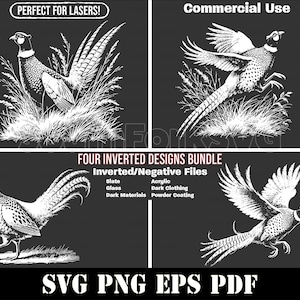 Può includere: Quattro disegni invertiti in bianco e nero di un fagiano in un campo erboso. Il testo "PERFECT FOR LASERS!" e "Commercial Use" sono in cima all'immagine. Il testo "FOUR INVERTED DESIGNS BUNDLE" e "Inverted/Negative Files" sono al centro dell'immagine. Il testo "Slate, Glass, Dark Materials" e "Acrylic, Dark Clothing, Powder Coating" sono sotto il testo "Inverted/Negative Files". Il testo "SVG PNG EPS PDF" è in fondo all'immagine.
